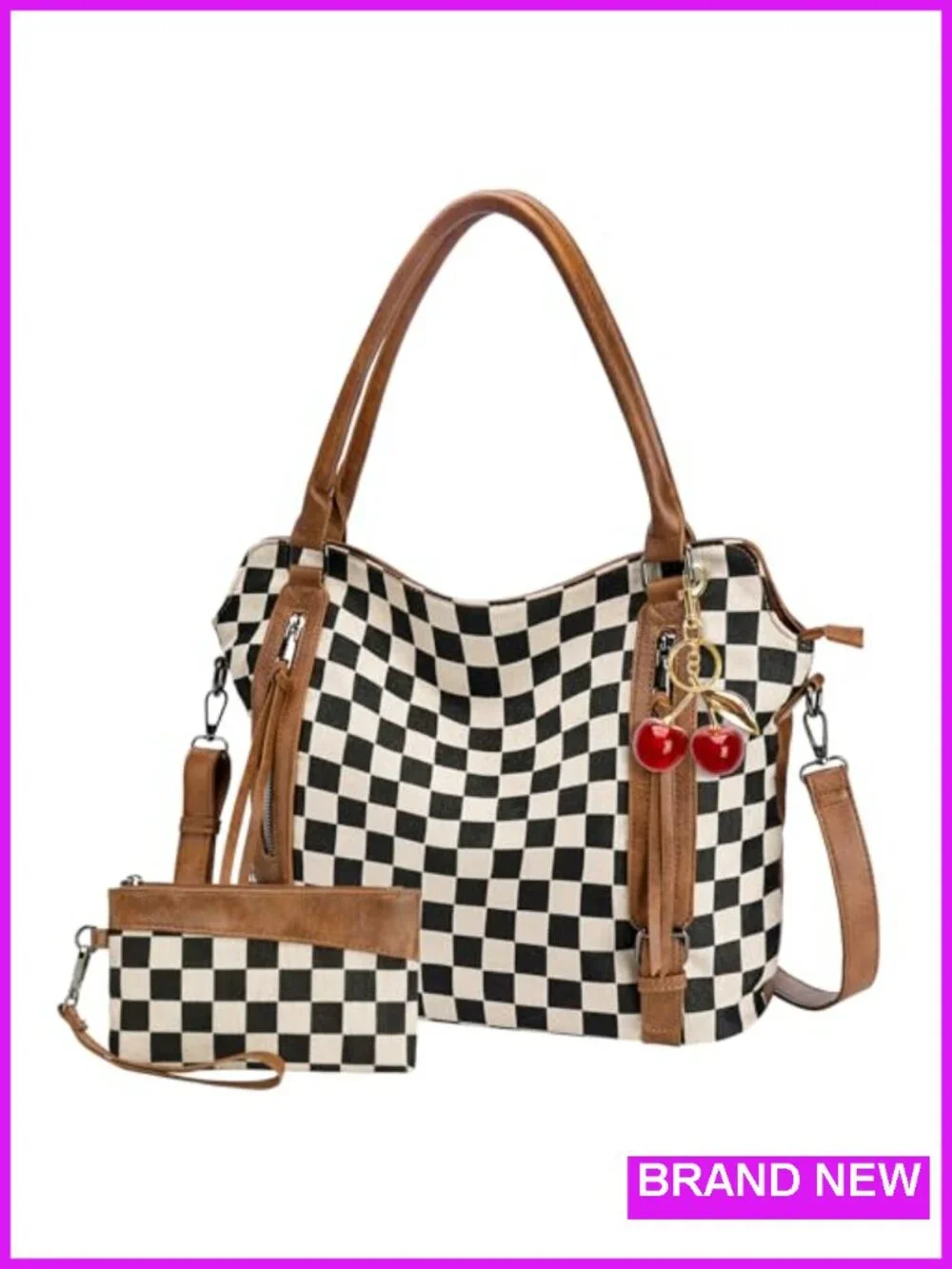 Vintage Checkered Crossbody Bag with Wallet and Cherry Charm